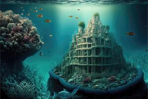 ai généré un sous-marin ville fabriqué de corail et coquillages. photo