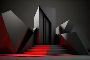 ai généré abstrait géométrique noir podium avec rouge tapis. photo