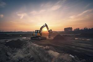 excavatrice dans construction site sur le coucher du soleil ciel photo