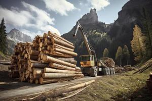 grue chargement Couper arbre les troncs sur empiler sur Montagne photo