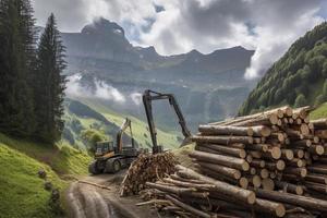 grue chargement Couper arbre les troncs sur empiler sur Montagne photo