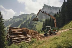 grue chargement Couper arbre les troncs sur empiler sur Montagne photo