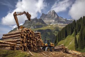 grue chargement Couper arbre les troncs sur empiler sur Montagne photo