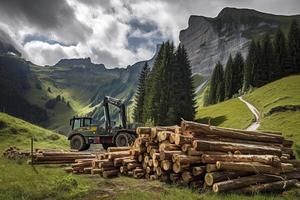 grue chargement Couper arbre les troncs sur empiler sur Montagne photo