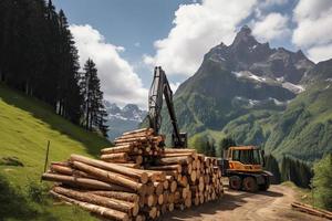 grue chargement Couper arbre les troncs sur empiler sur Montagne photo