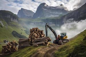 grue chargement Couper arbre les troncs sur empiler sur Montagne photo