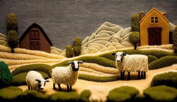 génératif ai, mignonne ferme paysage fabriqué de crochet avec des arbres, rivière, vert herbe, ferme animaux. rêveur agricole scène fabriqué de la laine matériaux, tissu, fil, couture pour Contexte photo