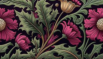 génératif ai, floral modèle. William morris inspiré Naturel les plantes et viva magenta fleurs arrière-plan, ancien illustration. feuillage ornement. photo