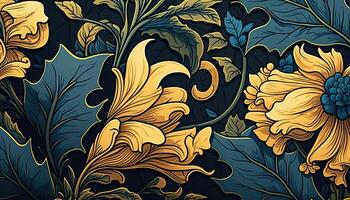 génératif ai, floral jaune, bleu, vert couleurs modèle. William morris inspiré Naturel les plantes et fleurs arrière-plan, ancien illustration. feuillage ornement. photo