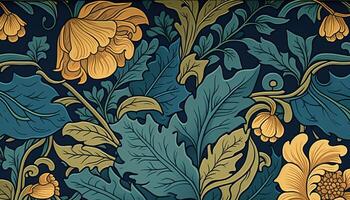 génératif ai, floral jaune, bleu, vert couleurs modèle. William morris inspiré Naturel les plantes et fleurs arrière-plan, ancien illustration. feuillage ornement. photo