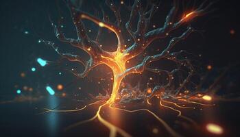 génératif ai, conceptuel illustration de neurone cellules avec embrasé lien noeuds dans abstrait foncé espace, haute résolution. Humain nerveux système photo