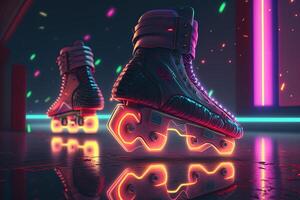 génératif ai, rouleau patin dans cyberpunk style, disco nostalgique années 80, années 90. néon nuit lumières vibrant couleurs, photoréaliste horizontal illustration de le futuriste ville. sport activité concept. photo