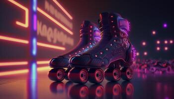 génératif ai, rouleau patin dans cyberpunk style, disco nostalgique années 80, années 90. néon nuit lumières vibrant couleurs, photoréaliste horizontal illustration de le futuriste ville. sport activité concept. photo