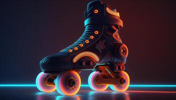 génératif ai, rouleau patin dans cyberpunk style, disco nostalgique années 80, années 90. néon nuit lumières vibrant couleurs, photoréaliste horizontal illustration de le futuriste ville. sport activité concept. photo