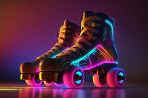 génératif ai, rouleau patin dans cyberpunk style, disco nostalgique années 80, années 90. néon nuit lumières vibrant couleurs, photoréaliste horizontal illustration de le futuriste ville. sport activité concept. photo