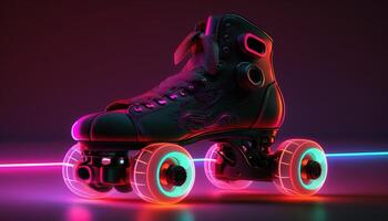 génératif ai, rouleau patin dans cyberpunk style, disco nostalgique années 80, années 90. néon nuit lumières vibrant couleurs, photoréaliste horizontal illustration de le futuriste ville. sport activité concept. photo