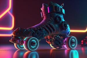 génératif ai, rouleau patin dans cyberpunk style, disco nostalgique années 80, années 90. néon nuit lumières vibrant couleurs, photoréaliste horizontal illustration de le futuriste ville. sport activité concept. photo