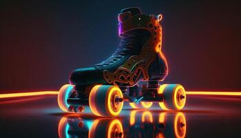 génératif ai, rouleau patin dans cyberpunk style, disco nostalgique années 80, années 90. néon nuit lumières vibrant couleurs, photoréaliste horizontal illustration de le futuriste ville. sport activité concept. photo