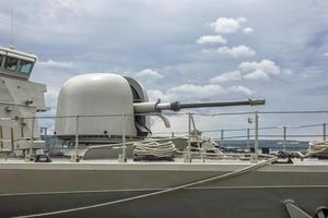 moderne armes sur le plate-forme de une militaire bateau. journée vue photo