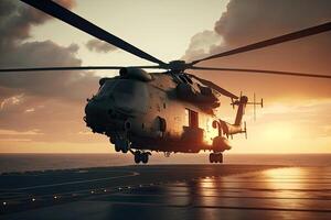 militaire hélicoptère sur navire de guerre planche à le coucher du soleil. marine hélicoptère sur planche le avion transporteur dans le mer. établi avec génératif ai photo