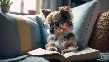 chien en train de lire livre sur canapé, apprentissage et savoir concept, génératif ai photo