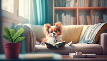 chien en train de lire livre sur canapé, apprentissage et savoir concept, génératif ai photo