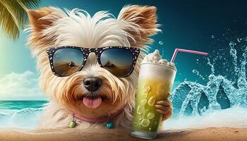 mignonne chien - flaque portant Soleil des lunettes profiter sur le plage avec une boisson génératif ai photo