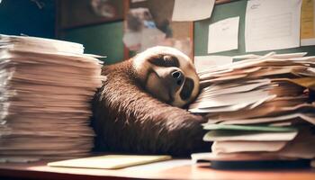 très fatigué la paresse dort sur beaucoup de des dossiers dans le bureau, génératif ai photo