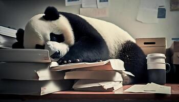 très fatigué Panda dort sur beaucoup de des dossiers dans le bureau, génératif ai photo