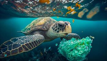 mer tortue nager plus de Plastique déchets dans mer, génératif ai photo