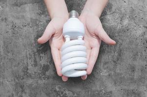 énergie économie concept, femme main en portant lumière ampoule sur brut ciment arrière-plan, idées lumière ampoule dans le main photo