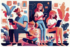 famille en utilisant les smartphones et comprimés, Parents et des gamins avec Téléphone (s. social médias dépendance photo