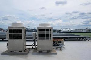 air Conditionneur unités HVAC sur une toit de industriel bâtiment avec bleu ciel. photo