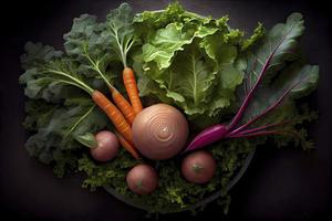 Haut vue de fraîchement récolté un radis, carottes, et chou frisé chou photo