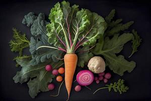 Haut vue de fraîchement récolté un radis, carottes, et chou frisé chou photo