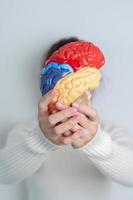 femme en portant Humain cerveau modèle. monde cerveau tumeur jour, cerveau accident vasculaire cérébral, démence, Alzheimer, parkinson et monde mental santé concept photo