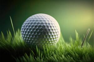 le golf Balle sur le herbe et vert flou Contexte. ai généré photo