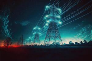 ai généré électricité transmission tours avec embrasé fils contre bleu ciel. photo