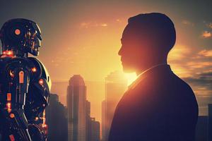 robot La technologie aide industrie 4.0 artificiel intelligence tendance concept homme d'affaire silhouette parlant à consultant robo automatisation photo