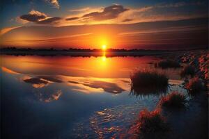 couchers de soleil ou le soleil se lève plus de une corps de l'eau. ai généré photo