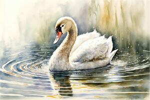 mignonne cygne dans le Lac aquarelle peinture. ai généré photo