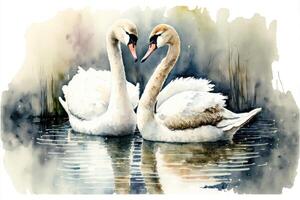 ai généré mignonne couple cygnes dans le Lac aquarelle peinture. photo