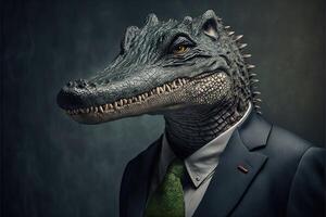 ai généré portrait de crocodile homme d'affaire. animal tête dans affaires costume. photo