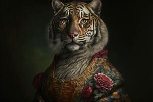 portrait de tigre dans une victorien robe. ai généré photo