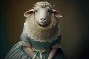 portrait de mouton dans une victorien robe. ai généré photo