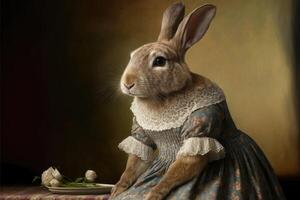 portrait de lapin dans une victorien robe. ai généré photo