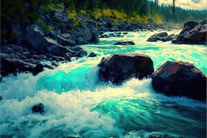 ai généré jaillissement rivière rapides. cascades cette couler rapidement le long de le rochers. photo