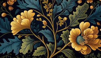 génératif ai, floral jaune, bleu, vert couleurs modèle. William morris inspiré Naturel les plantes et fleurs arrière-plan, ancien illustration. feuillage ornement. photo