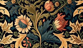 génératif ai, floral coloré modèle. William morris inspiré Naturel les plantes et fleurs arrière-plan, ancien illustration. populaire style photo