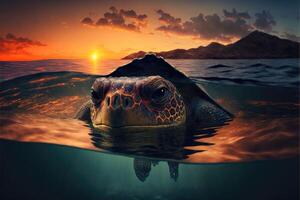 tortue flotteurs au dessus le l'eau à le coucher du soleil. ai généré photo